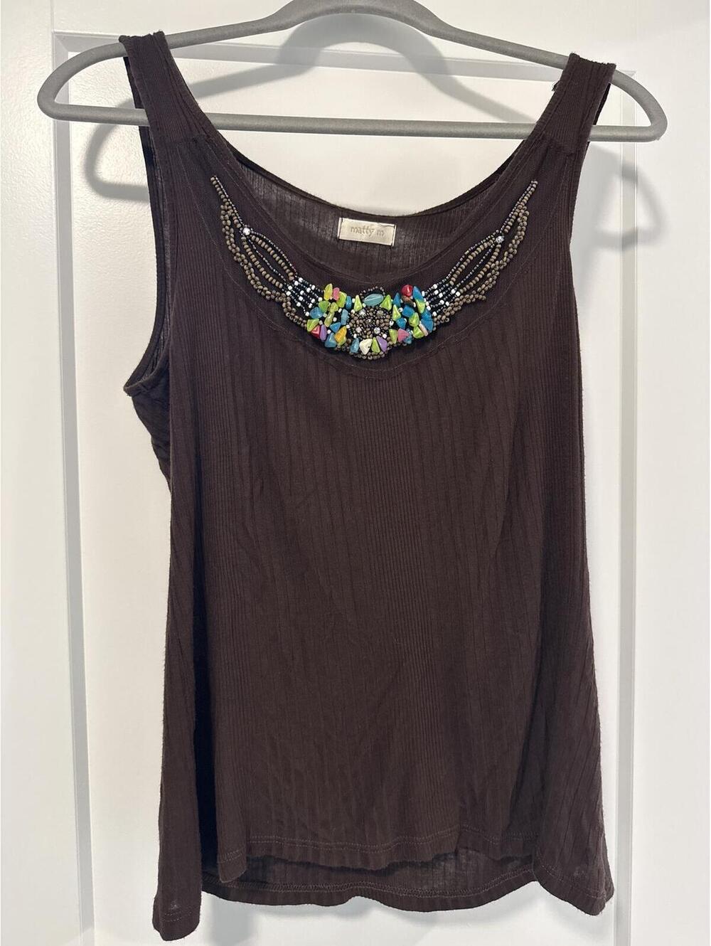 Matty M Brown Tank Top with Beaded Neckline